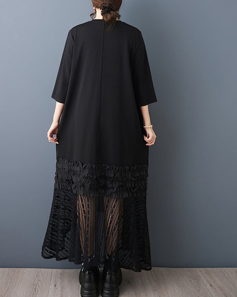 ellazhu Women’s Floral Applique Midi Dress Oversized Plus Size Lace Patchwork Ruffle Hem Three Quarter Sleeve GZ948