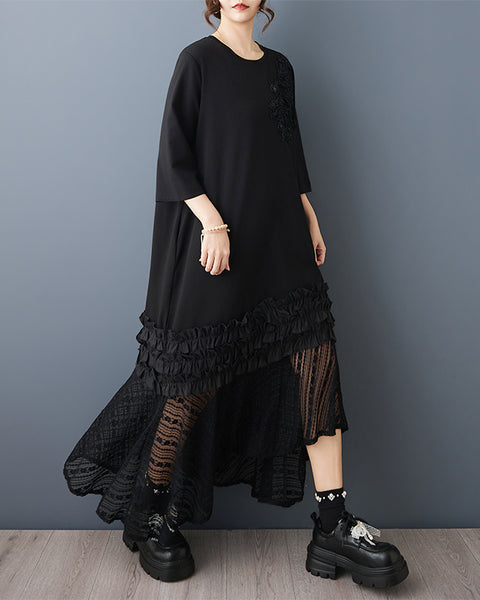 ellazhu Women’s Floral Applique Midi Dress Oversized Plus Size Lace Patchwork Ruffle Hem Three Quarter Sleeve GZ948