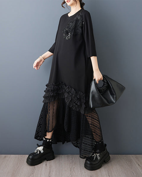 ellazhu Women’s Floral Applique Midi Dress Oversized Plus Size Lace Patchwork Ruffle Hem Three Quarter Sleeve GZ948