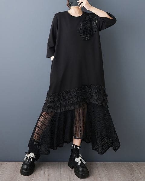 ellazhu Women’s Floral Applique Midi Dress Oversized Plus Size Lace Patchwork Ruffle Hem Three Quarter Sleeve GZ948