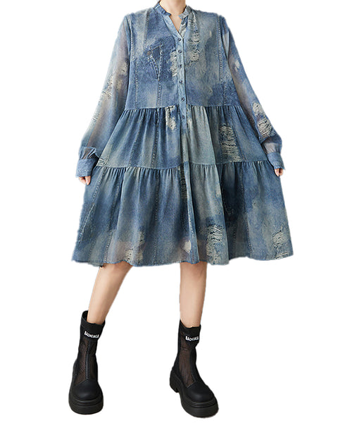 ellazhu Women‘s Denim Print Tiered Shirt Dress V Neck Long Sleeve Loose Plus Size Casual Midi Dress GZ949