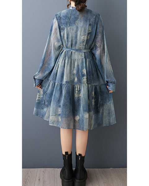 ellazhu Women‘s Denim Print Tiered Shirt Dress V Neck Long Sleeve Loose Plus Size Casual Midi Dress GZ949