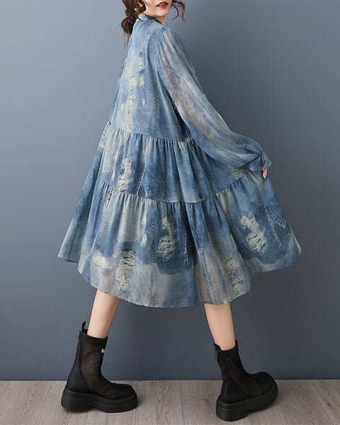 ellazhu Women‘s Denim Print Tiered Shirt Dress V Neck Long Sleeve Loose Plus Size Casual Midi Dress GZ949