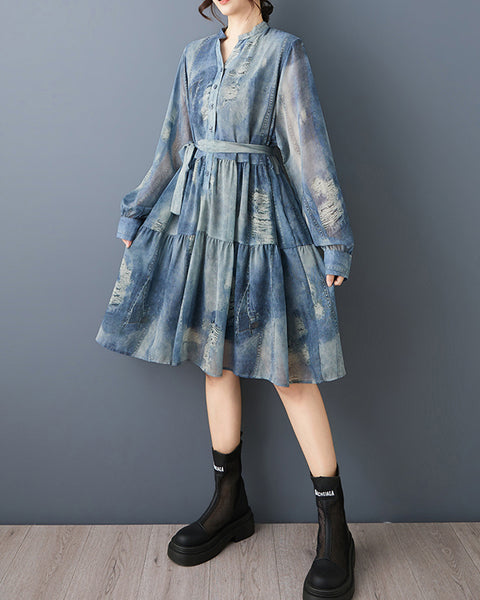 ellazhu Women‘s Denim Print Tiered Shirt Dress V Neck Long Sleeve Loose Plus Size Casual Midi Dress GZ949