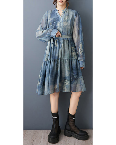 ellazhu Women‘s Denim Print Tiered Shirt Dress V Neck Long Sleeve Loose Plus Size Casual Midi Dress GZ949
