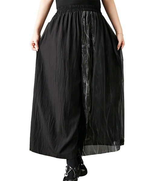 ellazhu Women’s Mesh Patchwork Wide Leg Pants Printed High Waist Loose Cropped Culottes Palazzo GZ950