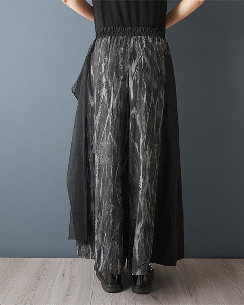 ellazhu Women’s Mesh Patchwork Wide Leg Pants Printed High Waist Loose Cropped Culottes Palazzo GZ950