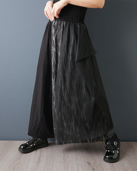 ellazhu Women’s Mesh Patchwork Wide Leg Pants Printed High Waist Loose Cropped Culottes Palazzo GZ950