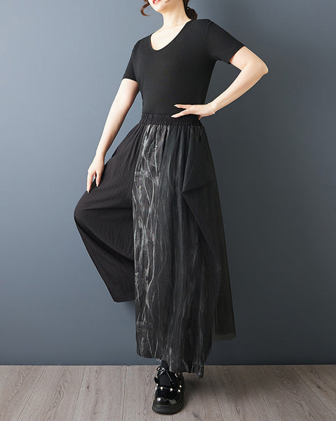 ellazhu Women’s Mesh Patchwork Wide Leg Pants Printed High Waist Loose Cropped Culottes Palazzo GZ950