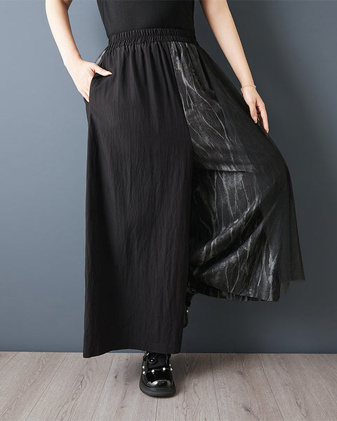 ellazhu Women’s Mesh Patchwork Wide Leg Pants Printed High Waist Loose Cropped Culottes Palazzo GZ950