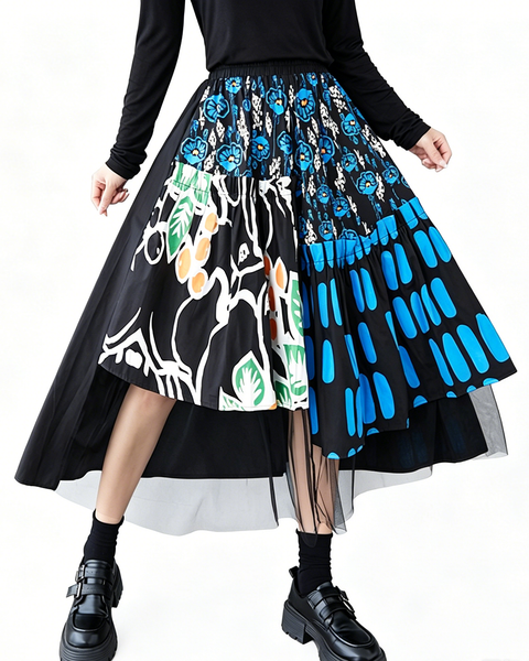 ellazhu Women‘s Printed Patchwork Mesh Midi Skirt Elastic Waist Asymmetrical Hem A Line Tulle Overlay Streetwear GZ951