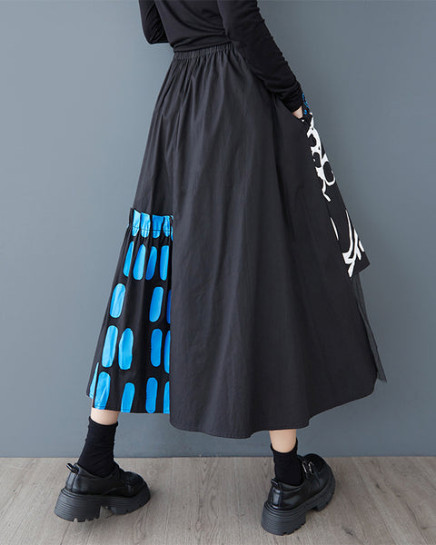 ellazhu Women‘s Printed Patchwork Mesh Midi Skirt Elastic Waist Asymmetrical Hem A Line Tulle Overlay Streetwear GZ951