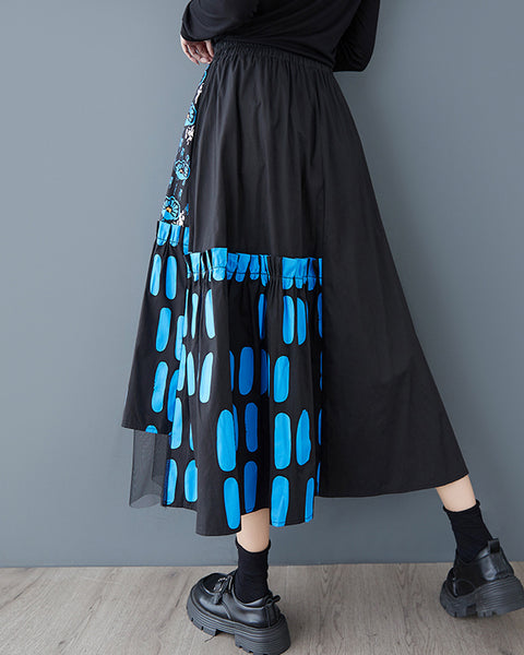 ellazhu Women‘s Printed Patchwork Mesh Midi Skirt Elastic Waist Asymmetrical Hem A Line Tulle Overlay Streetwear GZ951