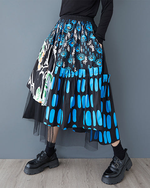 ellazhu Women‘s Printed Patchwork Mesh Midi Skirt Elastic Waist Asymmetrical Hem A Line Tulle Overlay Streetwear GZ951