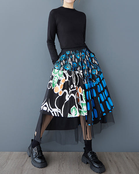 ellazhu Women‘s Printed Patchwork Mesh Midi Skirt Elastic Waist Asymmetrical Hem A Line Tulle Overlay Streetwear GZ951