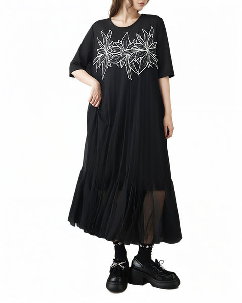 ellazhu Women's Floral Embroidered Mesh Dress Pleated Tulle Maxi Loose Plus Size Short Sleeve Casual Flowy A Line GZ952
