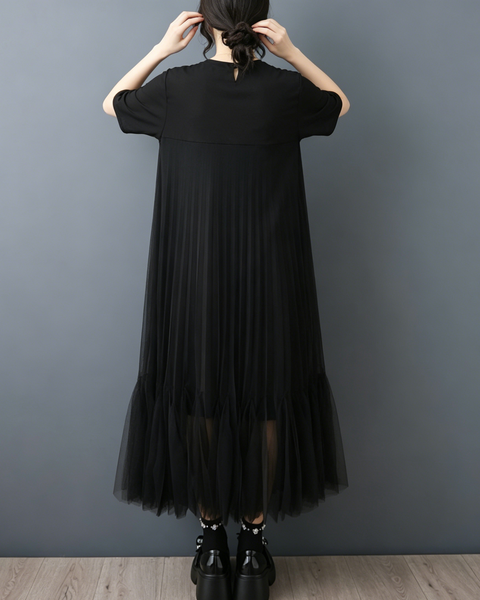 ellazhu Women's Floral Embroidered Mesh Dress Pleated Tulle Maxi Loose Plus Size Short Sleeve Casual Flowy A Line GZ952