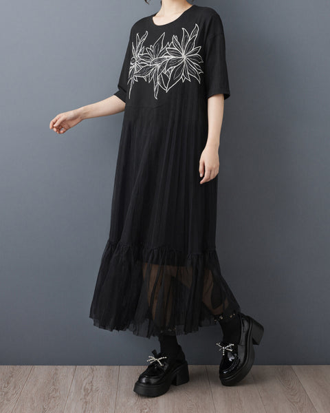 ellazhu Women's Floral Embroidered Mesh Dress Pleated Tulle Maxi Loose Plus Size Short Sleeve Casual Flowy A Line GZ952