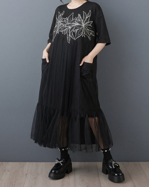 ellazhu Women's Floral Embroidered Mesh Dress Pleated Tulle Maxi Loose Plus Size Short Sleeve Casual Flowy A Line GZ952