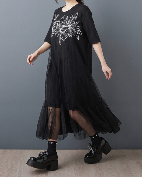ellazhu Women's Floral Embroidered Mesh Dress Pleated Tulle Maxi Loose Plus Size Short Sleeve Casual Flowy A Line GZ952