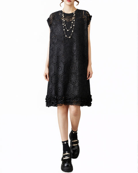 ellazhu Women's Crochet Lace Dress Sleeveless Hollow Out Ruffle Hem Loose Plus Size Layered A Line Summer Casual GZ953
