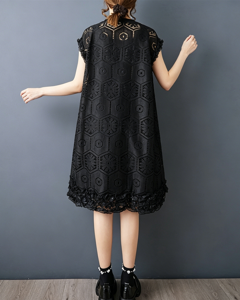 ellazhu Women's Crochet Lace Dress Sleeveless Hollow Out Ruffle Hem Loose Plus Size Layered A Line Summer Casual GZ953