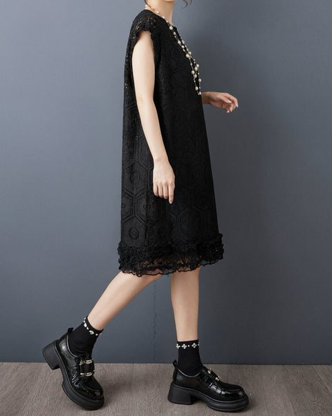 ellazhu Women's Crochet Lace Dress Sleeveless Hollow Out Ruffle Hem Loose Plus Size Layered A Line Summer Casual GZ953