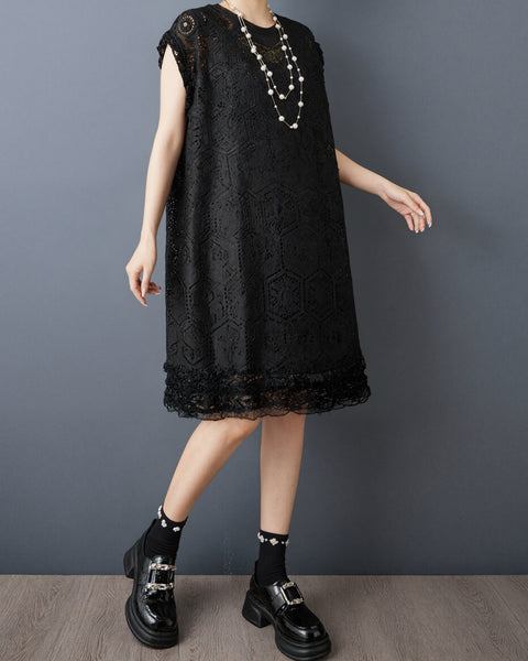 ellazhu Women's Crochet Lace Dress Sleeveless Hollow Out Ruffle Hem Loose Plus Size Layered A Line Summer Casual GZ953