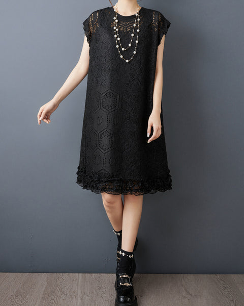 ellazhu Women's Crochet Lace Dress Sleeveless Hollow Out Ruffle Hem Loose Plus Size Layered A Line Summer Casual GZ953