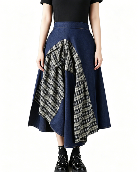 ellazhu Women's Denim Patchwork Plaid Maxi Skirt High Waist Asymmetrical A Line Loose Flowy Plus Size Casual GZ954