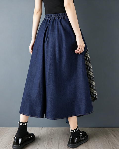 ellazhu Women's Denim Patchwork Plaid Maxi Skirt High Waist Asymmetrical A Line Loose Flowy Plus Size Casual GZ954