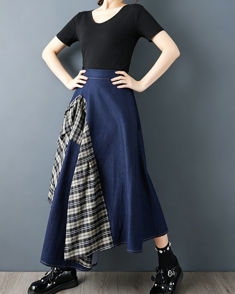 ellazhu Women's Denim Patchwork Plaid Maxi Skirt High Waist Asymmetrical A Line Loose Flowy Plus Size Casual GZ954
