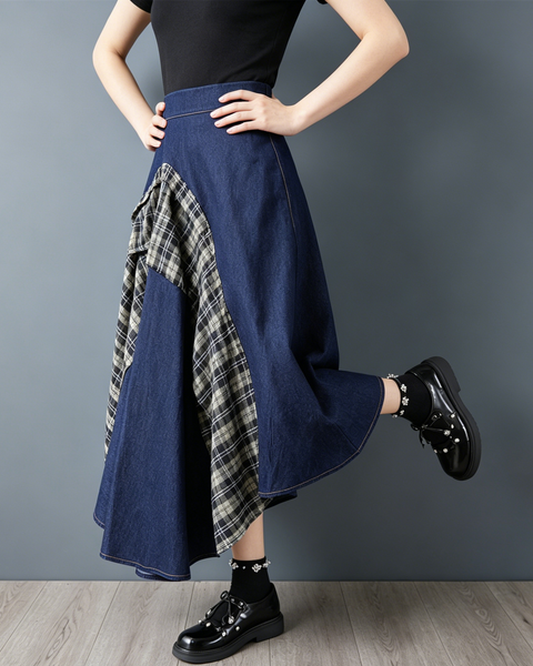 ellazhu Women's Denim Patchwork Plaid Maxi Skirt High Waist Asymmetrical A Line Loose Flowy Plus Size Casual GZ954