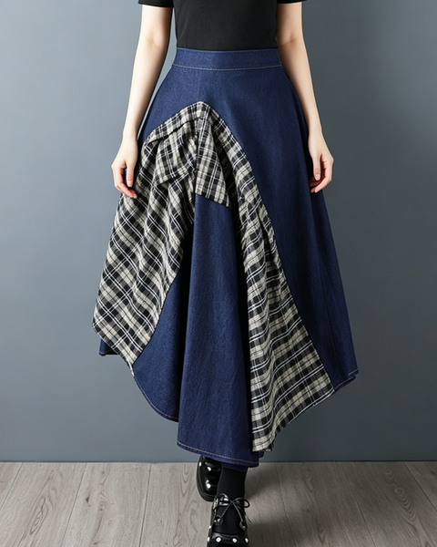 ellazhu Women's Denim Patchwork Plaid Maxi Skirt High Waist Asymmetrical A Line Loose Flowy Plus Size Casual GZ954