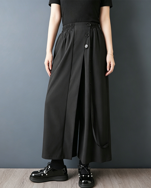 ellazhu Women's Wide Leg Culottes High Waist Loose Plus Size Button Tie Strap Cropped Skirt Pants Flowy Palazzo GZ955