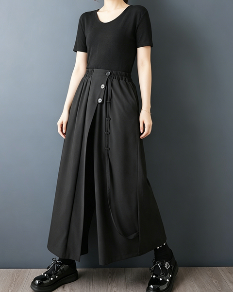 ellazhu Women's Wide Leg Culottes High Waist Loose Plus Size Button Tie Strap Cropped Skirt Pants Flowy Palazzo GZ955