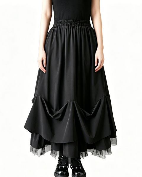 ellazhu Women's Mesh Patchwork Pleated Maxi Skirt High Waist Loose Plus Size Layered A Line Flowy Gothic Casual GZ956