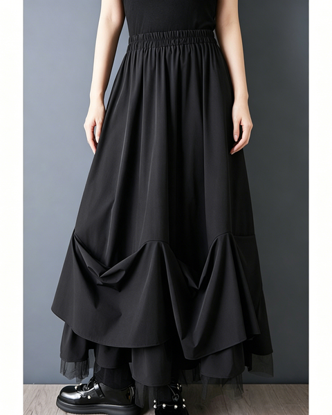 ellazhu Women's Mesh Patchwork Pleated Maxi Skirt High Waist Loose Plus Size Layered A Line Flowy Gothic Casual GZ956