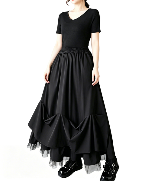 ellazhu Women's Mesh Patchwork Pleated Maxi Skirt High Waist Loose Plus Size Layered A Line Flowy Gothic Casual GZ956