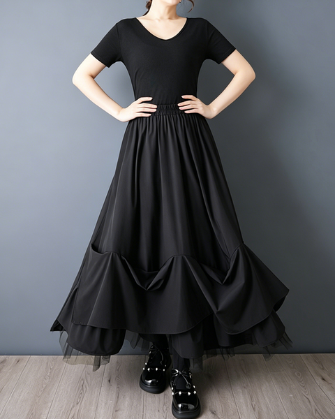 ellazhu Women's Mesh Patchwork Pleated Maxi Skirt High Waist Loose Plus Size Layered A Line Flowy Gothic Casual GZ956