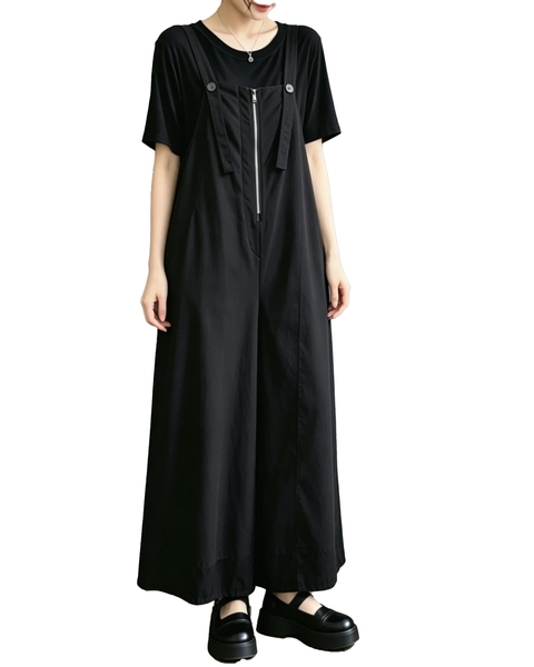 ellazhu Women's Wide Leg Overalls Adjustable Strap Colorblock Loose Plus Size Sleeveless Jumpsuit Baggy Pockets GZ957