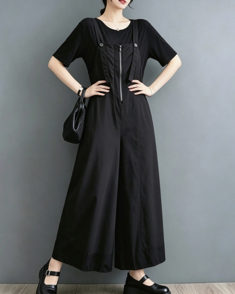 ellazhu Women's Wide Leg Overalls Adjustable Strap Colorblock Loose Plus Size Sleeveless Jumpsuit Baggy Pockets GZ957