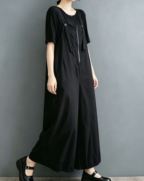 ellazhu Women's Wide Leg Overalls Adjustable Strap Colorblock Loose Plus Size Sleeveless Jumpsuit Baggy Pockets GZ957