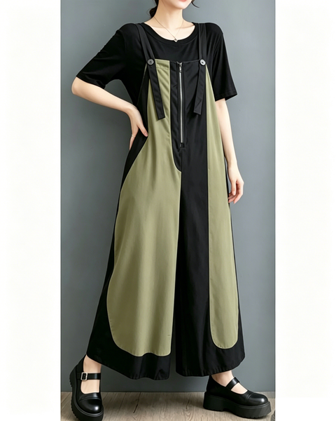ellazhu Women's Wide Leg Overalls Adjustable Strap Colorblock Loose Plus Size Sleeveless Jumpsuit Baggy Pockets GZ957