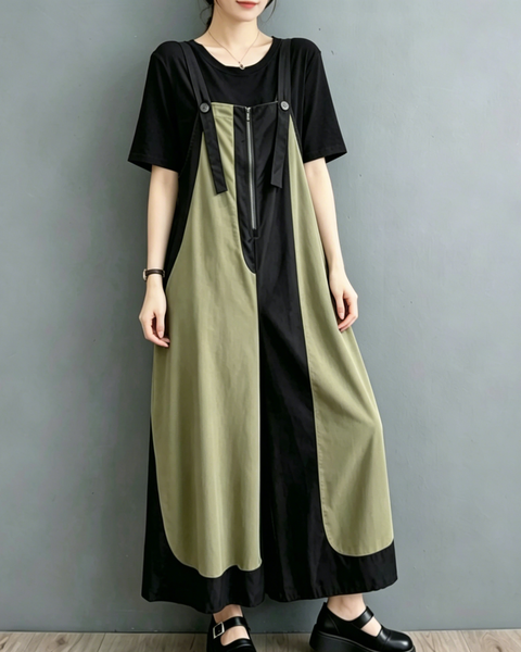 ellazhu Women's Wide Leg Overalls Adjustable Strap Colorblock Loose Plus Size Sleeveless Jumpsuit Baggy Pockets GZ957