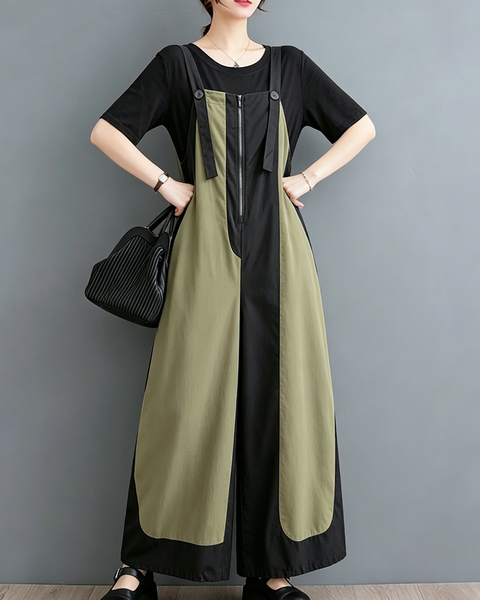 ellazhu Women's Wide Leg Overalls Adjustable Strap Colorblock Loose Plus Size Sleeveless Jumpsuit Baggy Pockets GZ957