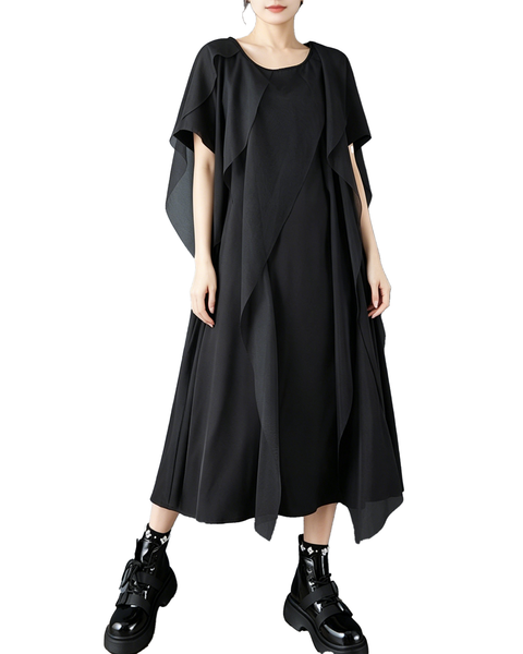 ellazhu Women's Gothic Mesh Patchwork Maxi Dress Short Sleeve Loose Plus Size Layered Ruffle Flowy A Line Casual GZ959