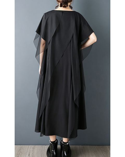 ellazhu Women's Gothic Mesh Patchwork Maxi Dress Short Sleeve Loose Plus Size Layered Ruffle Flowy A Line Casual GZ959