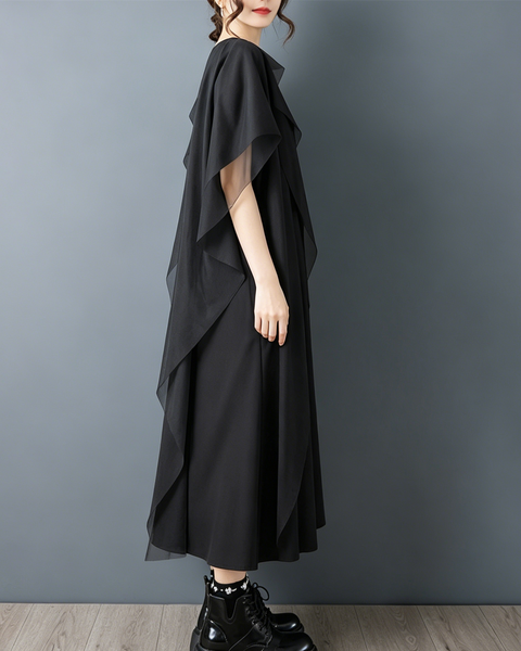 ellazhu Women's Gothic Mesh Patchwork Maxi Dress Short Sleeve Loose Plus Size Layered Ruffle Flowy A Line Casual GZ959