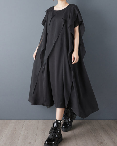 ellazhu Women's Gothic Mesh Patchwork Maxi Dress Short Sleeve Loose Plus Size Layered Ruffle Flowy A Line Casual GZ959
